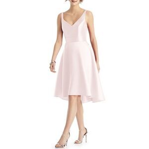 NWT Alfred Sung V-neck Hi-low Bridesmaids Sateen Dress in Blush